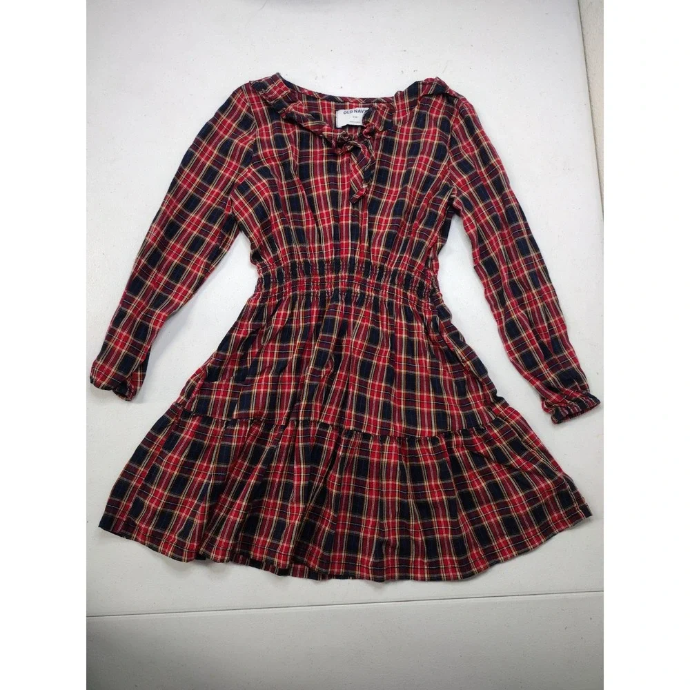 Old Navy Girls Red Plaid Smocked Tiered Long Sleeve Dress Size M 8 Holiday